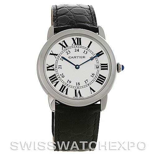 This image shows a front view of the Cartier Ronde W6700255 Men's Stainless Steel Silver Dial W6700255 Men's Stainless Steel Silver Dial watch model, highlighting the face, Roman numeral hour markers, and leather strap.