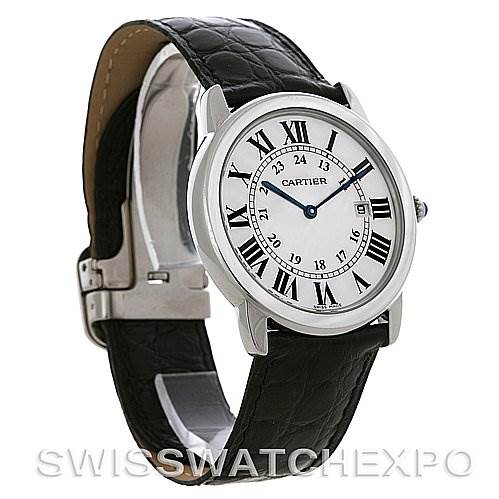The image shows a Cartier Ronde W6700255 Men's Stainless Steel Silver Dial W6700255 Men's Stainless Steel Silver Dial model watch from a front-left angle, highlighting its face, leather strap, and clasp.