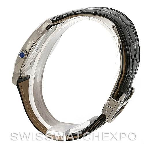 The image shows a side view of a Cartier Ronde W6700255 Men's Stainless Steel Silver Dial W6700255 Men's Stainless Steel Silver Dial model watch, highlighting the crown, strap, and buckle.