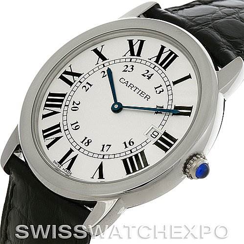 The Cartier Ronde W6700255 Men's Stainless Steel Silver Dial W6700255 Men's Stainless Steel Silver Dial model watch is shown at an angle highlighting its face, Roman numerals, strap, and crown with a blue cabochon.