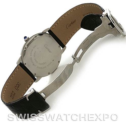 This image shows the back and inside of the strap of a Cartier Ronde W6700255 Men's Stainless Steel Silver Dial W6700255 Men's Stainless Steel Silver Dial model watch, highlighting the clasp, leather strap, and case back.