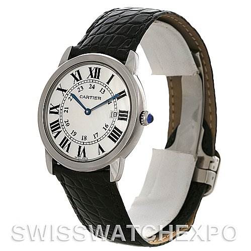 This image shows a front angle of the Cartier Ronde W6700255 Men's Stainless Steel Silver Dial W6700255 Men's Stainless Steel Silver Dial watch with a white dial, Roman numerals, and a black leather strap.