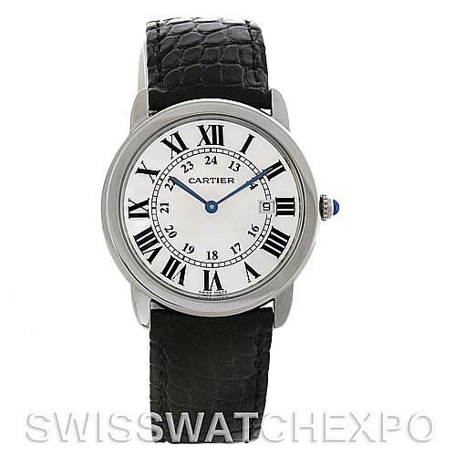 This image shows a front view of the Cartier Ronde W6700255 Men's Stainless Steel Silver Dial W6700255 Men's Stainless Steel Silver Dial model watch, featuring a white dial, Roman numerals, and a black leather strap.
