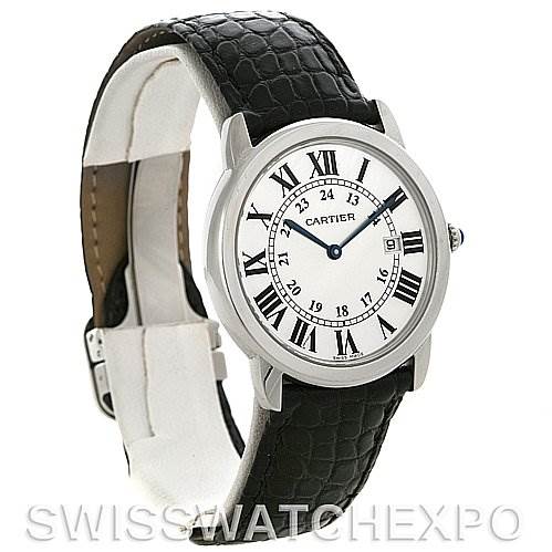 The image shows a Cartier Ronde W6700255 Men's Stainless Steel Silver Dial W6700255 Men's Stainless Steel Silver Dial watch at a three-quarter angle, featuring a black leather strap and a white dial with Roman numerals.
