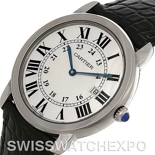The Cartier Ronde W6700255 Men's Stainless Steel Silver Dial W6700255 Men's Stainless Steel Silver Dial watch is shown from a slight side angle displaying its face, bezel, crown, and part of the leather strap.