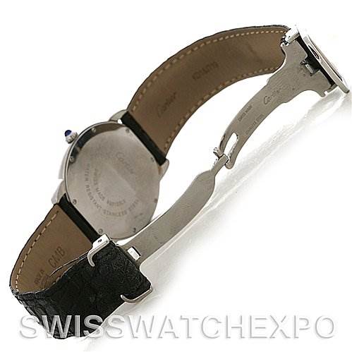 This image shows the back view of a Cartier Ronde W6700255 Men's Stainless Steel Silver Dial W6700255 Men's Stainless Steel Silver Dial watch, detailing the case back, leather strap, and deployment clasp.