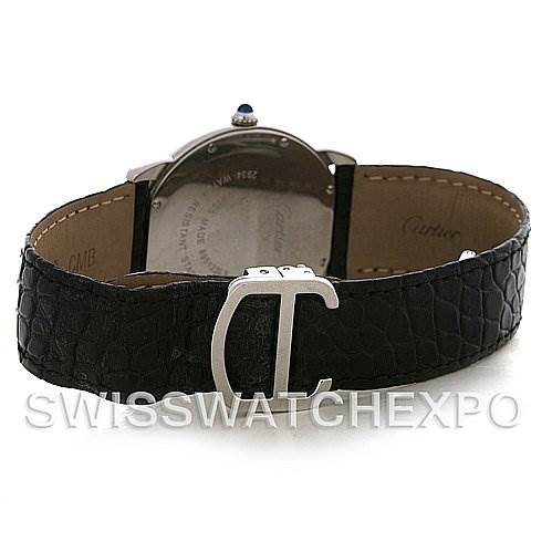 The image shows the back of the Cartier Ronde W6700255 Men's Stainless Steel Silver Dial W6700255 Men's Stainless Steel Silver Dial model watch, highlighting its leather strap and "C"-shaped buckle.