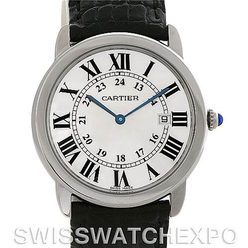 This image shows a front view of the Cartier Ronde W6700255 Men's Stainless Steel Silver Dial W6700255 Men's Stainless Steel Silver Dial model watch, featuring its dial, hands, and part of the leather strap.