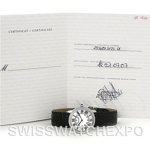 The image shows a Cartier Ronde W6700255 Men's Stainless Steel Silver Dial W6700255 Men's Stainless Steel Silver Dial watch placed in front of its certificate of purchase, viewed from the front angle.