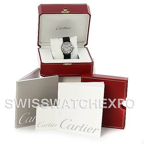 The image shows the Cartier Ronde W6700255 Men's Stainless Steel Silver Dial W6700255 Men's Stainless Steel Silver Dial watch at an angle, inside its box, along with accompanying documentation and packaging.