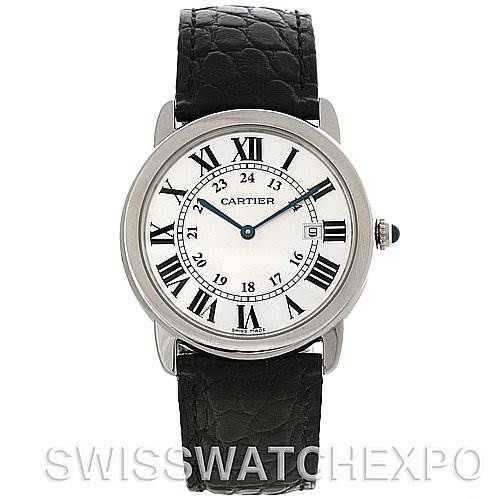 This image shows a Cartier Ronde W6700255 Men's Stainless Steel Silver Dial W6700255 Men's Stainless Steel Silver Dial watch from the front, displaying its face, Roman numerals, and a black leather strap.