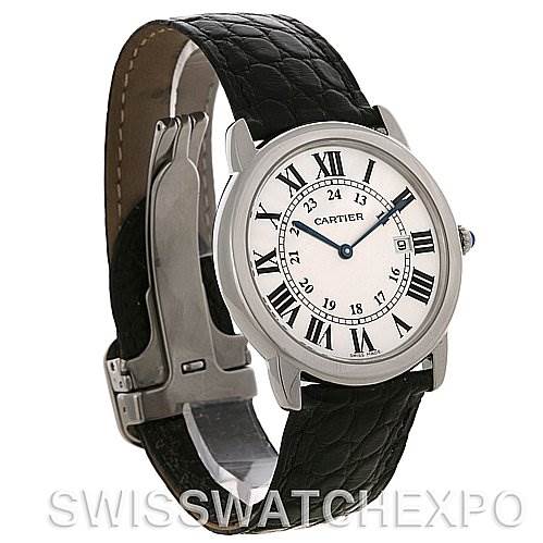 The image shows the Cartier Ronde W6700255 Men's Stainless Steel Silver Dial W6700255 Men's Stainless Steel Silver Dial watch from a side angle, highlighting its face, leather strap, and clasp.