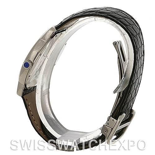 The image shows a side profile of a Cartier Ronde W6700255 Men's Stainless Steel Silver Dial W6700255 Men's Stainless Steel Silver Dial watch with emphasis on the strap, buckle, and the side of the case including the crown.