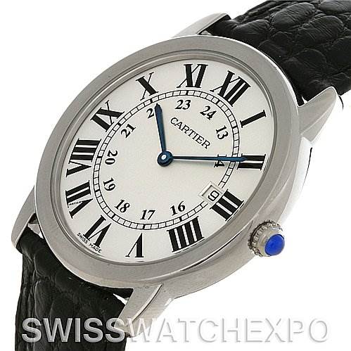This image shows a Cartier Ronde W6700255 Men's Stainless Steel Silver Dial W6700255 Men's Stainless Steel Silver Dial model watch at a slight angle, displaying the face, Roman numerals, hands, crown, and part of the black strap.