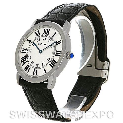 The Cartier Ronde W6700255 Men's Stainless Steel Silver Dial W6700255 Men's Stainless Steel Silver Dial model watch is shown at a three-quarter angle, displaying its face, strap, and clasp.