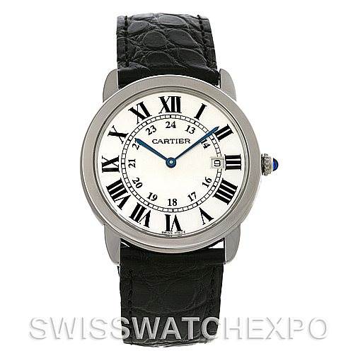 This image shows a frontal view of the Cartier Ronde W6700255 Men's Stainless Steel Silver Dial W6700255 Men's Stainless Steel Silver Dial watch, displaying its face, strap, and crown.