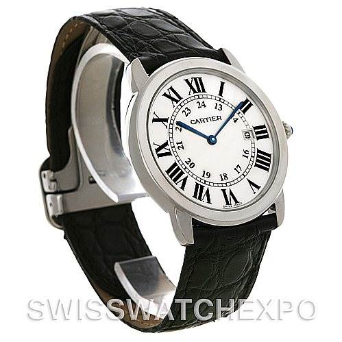 This image shows a Cartier Ronde W6700255 Men's Stainless Steel Silver Dial W6700255 Men's Stainless Steel Silver Dial watch at an angle highlighting the face, case, and part of the strap.