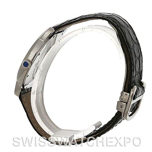 This image shows a side view of the Cartier Ronde W6700255 Men's Stainless Steel Silver Dial W6700255 Men's Stainless Steel Silver Dial model watch, highlighting its profile, crown, and black leather strap with a buckle.