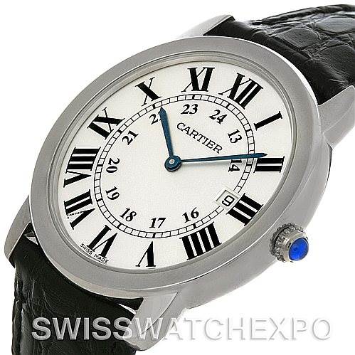 The Cartier Ronde W6700255 Men's Stainless Steel Silver Dial W6700255 Men's Stainless Steel Silver Dial watch is shown from a front-side angle, displaying its face, bezel, and part of the leather strap.