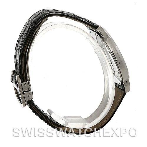 The image shows a side view of the Cartier Ronde W6700255 Men's Stainless Steel Silver Dial W6700255 Men's Stainless Steel Silver Dial model watch, highlighting its case, bezel, and leather strap with a buckle.