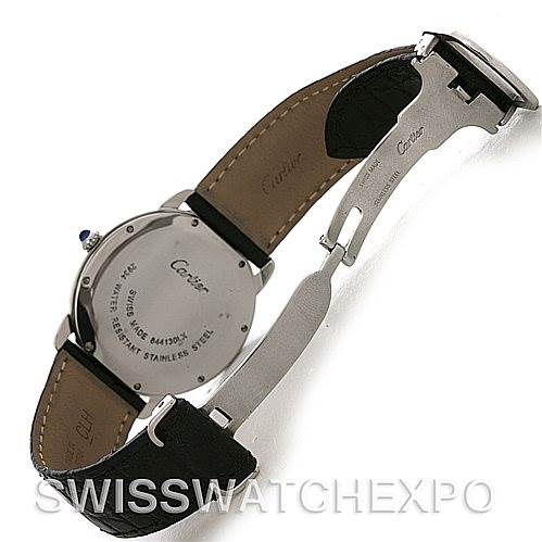 The image shows the back and buckle of a Cartier Ronde W6700255 Men's Stainless Steel Silver Dial W6700255 Men's Stainless Steel Silver Dial watch, highlighting its leather strap and stainless steel components.