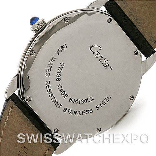 The image shows the back of a Cartier Ronde W6700255 Men's Stainless Steel Silver Dial W6700255 Men's Stainless Steel Silver Dial watch, highlighting its stainless steel case, water resistance, and serial number.