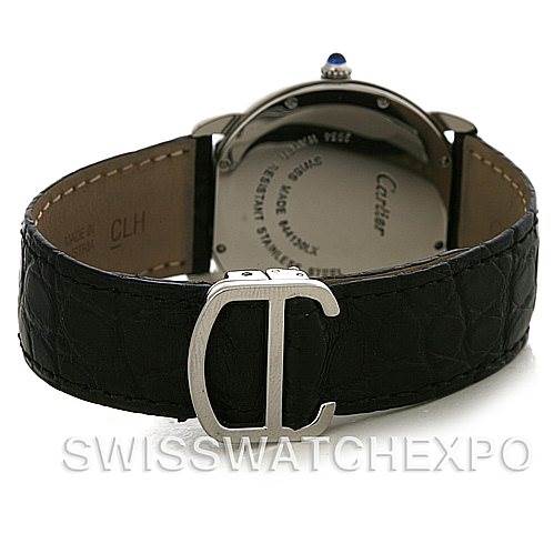 The image shows the back view of a Cartier Ronde W6700255 Men's Stainless Steel Silver Dial W6700255 Men's Stainless Steel Silver Dial watch, highlighting its leather strap and distinctive "C" buckle clasp.