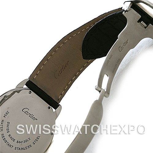 This image shows the back of the Cartier Ronde W6700255 Men's Stainless Steel Silver Dial W6700255 Men's Stainless Steel Silver Dial watch, detailing the leather strap, clasp, and case back.