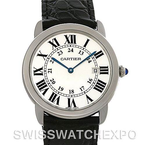 The image shows the front view of a Cartier Ronde W6700255 Men's Stainless Steel Silver Dial W6700255 Men's Stainless Steel Silver Dial watch, displaying its face, Roman numerals, blue hands, and black leather strap.