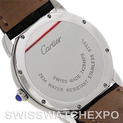This image shows the back of a Cartier Ronde W6700255 Men's Stainless Steel Silver Dial W6700255 Men's Stainless Steel Silver Dial watch, highlighting the stainless steel case and leather strap.