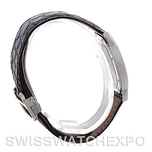 The image shows a Cartier Ronde W6700255 Men's Stainless Steel Silver Dial W6700255 Men's Stainless Steel Silver Dial model watch from a side angle, highlighting the leather strap and clasp.