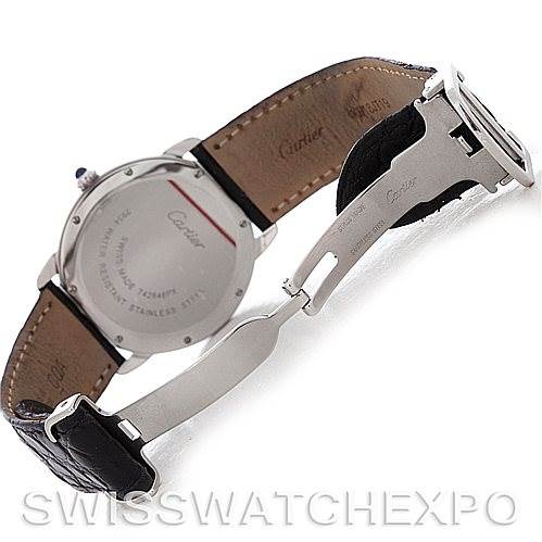 The image shows the back case and leather strap of a Cartier Ronde W6700255 Men's Stainless Steel Silver Dial W6700255 Men's Stainless Steel Silver Dial watch, including the closed clasp.