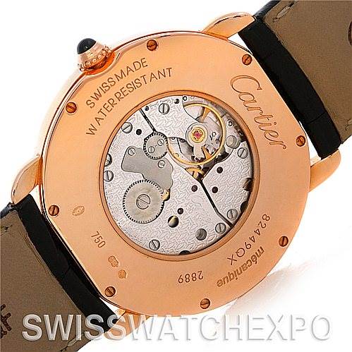 The image shows the back of the Cartier Ronde W6800251 Men's Rose Gold Silver Dial W6800251 Men's Rose Gold Silver Dial watch, highlighting the movement and inscriptions.