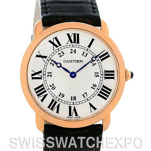 The image shows a front view of a Cartier Ronde W6800251 Men's Rose Gold Silver Dial W6800251 Men's Rose Gold Silver Dial watch, displaying the face, Roman numerals, and black leather strap.