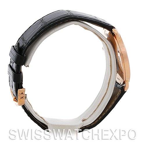 The image shows a side view of a Cartier Ronde W6800251 Men's Rose Gold Silver Dial W6800251 Men's Rose Gold Silver Dial watch focusing on the black strap and rose gold case.