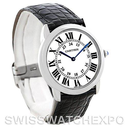 This image shows a Cartier Ronde W6700255 Men
s Stainless Steel Silver Dial W6700255 Men
s Stainless Steel Silver Dial watch at a three-quarter angle, highlighting the dial, Roman numerals, and leather strap.