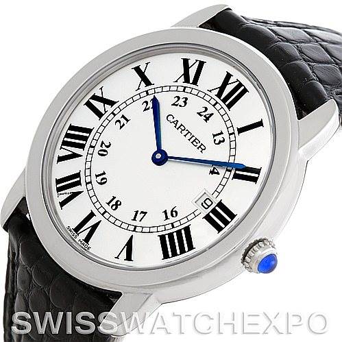The Cartier Ronde W6700255 Men
s Stainless Steel Silver Dial W6700255 Men
s Stainless Steel Silver Dial model watch is displayed at an angle, showing the face, bezel, crown, and part of the leather strap.