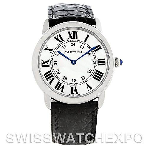 The image shows a front view of a Cartier Ronde W6700255 Men
s Stainless Steel Silver Dial W6700255 Men
s Stainless Steel Silver Dial model watch, displaying its face, Roman numeral hour markers, leather strap, and crown.
