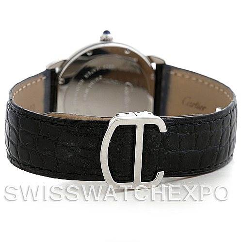 The image shows the back of the Cartier Ronde W6700255 Men
s Stainless Steel Silver Dial W6700255 Men
s Stainless Steel Silver Dial watch, focusing on the clasp and black leather strap.