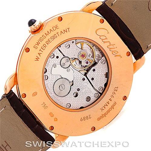 The image shows the back of a Cartier Ronde W6800251 Men's Rose Gold Silver Dial W6800251 Men's Rose Gold Silver Dial watch, highlighting the movement and inscriptions.