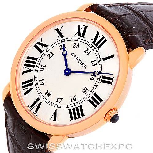 The image shows a close-up, angled view of the Cartier Ronde W6800251 Men's Rose Gold Silver Dial W6800251 Men's Rose Gold Silver Dial model watch featuring its bezel, dial, and part of the leather strap.