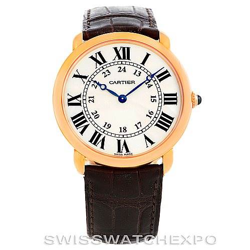 This image shows a front view of a Cartier Ronde W6800251 Men
s Rose Gold Silver Dial W6800251 Men
s Rose Gold Silver Dial watch with a round gold bezel, white dial, Roman numerals, and a brown leather strap.