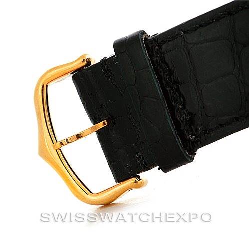 The image shows a close-up of the black leather strap and gold buckle of the Cartier Ronde W6700455 Men's Steel and Gold (two tone) Silver Dial W6700455 Men's Steel and Gold (two tone) Silver Dial model watch.