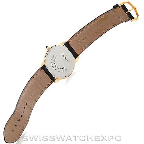 The image shows the backside of a Cartier Ronde W6700455 Men's Steel and Gold (two tone) Silver Dial W6700455 Men's Steel and Gold (two tone) Silver Dial watch, including the case back, leather strap, and buckle.