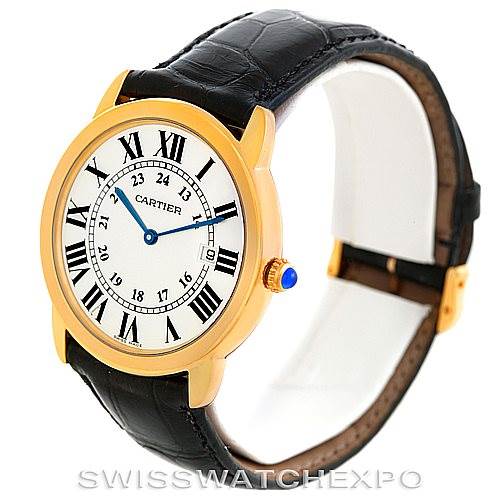 This image shows a Ronde model by Cartier from a side angle, highlighting the gold case, black leather strap, and classic Roman numeral dial.