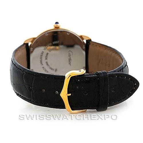 This image shows the back and strap of a Cartier Ronde W6700455 Men's Steel and Gold (two tone) Silver Dial W6700455 Men's Steel and Gold (two tone) Silver Dial watch, featuring a black leather band and gold buckle.