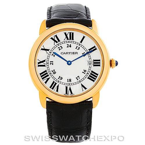 The image shows a Cartier Ronde W6700455 Men's Steel and Gold (two tone) Silver Dial W6700455 Men's Steel and Gold (two tone) Silver Dial watch from the front, highlighting its gold case, white dial, Roman numerals, and black leather strap.