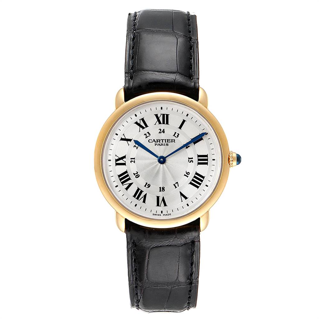The image shows a front view of the Cartier Tank Louis 09001 Men's Yellow Gold Silver Dial 09001 Men's Yellow Gold Silver Dial watch, displaying the dial, hands, case, and black leather strap.