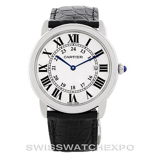 The image shows a Cartier Ronde W6700255 Men's Stainless Steel Silver Dial W6700255 Men's Stainless Steel Silver Dial model watch from a front angle, displaying the face, Roman numerals, and leather strap.