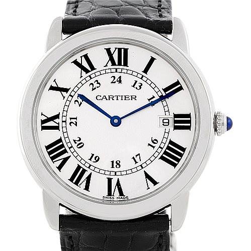 This image shows a straight-on view of a Cartier Ronde W6700255 Men's Stainless Steel Silver Dial W6700255 Men's Stainless Steel Silver Dial watch, displaying the dial with Roman numerals, date window, and leather strap.